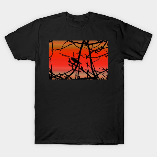 House Finch In Tree Silhouette on Tuscan Sunset T-Shirt by ButterflyInTheAttic